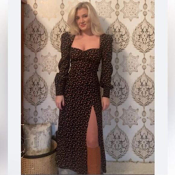 Reformation Black Floral Long Sleeve Sweetheart Neck Slit Hunt Midi Dress 0 - Picture 7 of 10